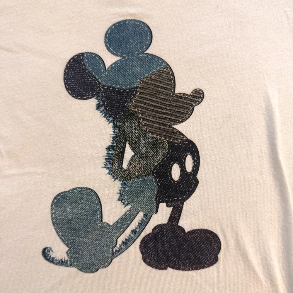 Uniqlo UT Mickey Mouse Shirt Kids 11-12 White Faux Denim Patchwork Print Disney